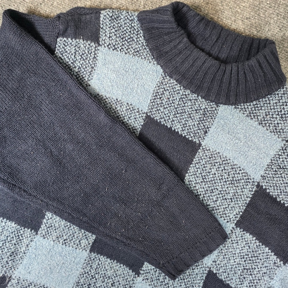 CAROLYN TAYLOR Luxury Women XL Blue Black Checkered Mock Neck Sweater Knit‎